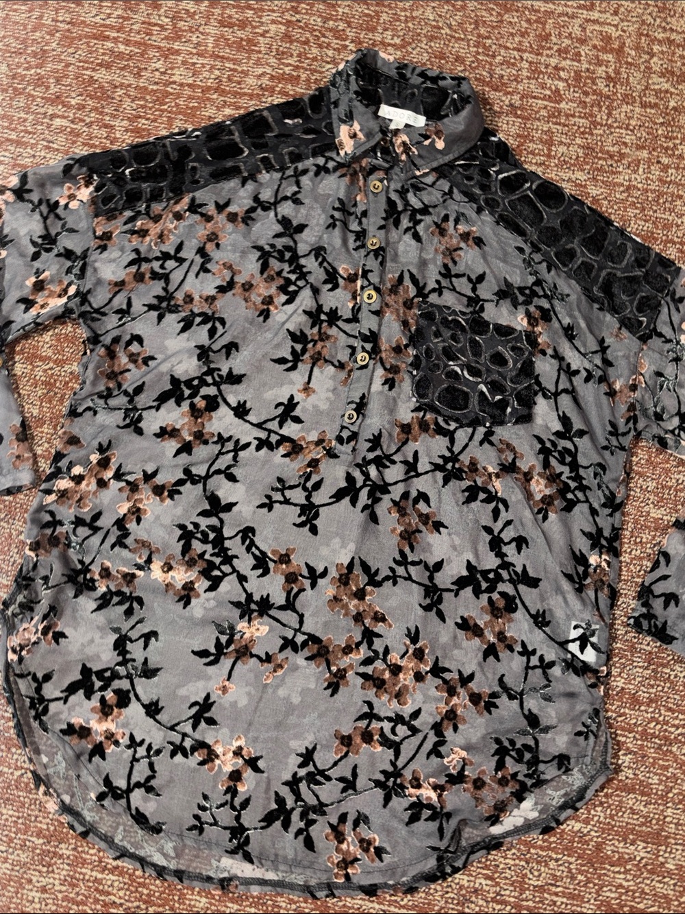 Sheer velvet burnout long sleeve loose fit cherry blossom floral collared blouse